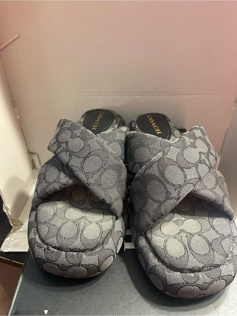 Coach Gray Signature Jacquard Cross-Band Slide Sandals